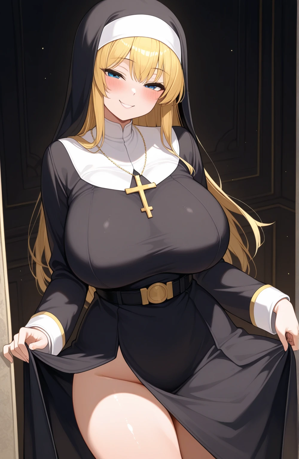 1girl, blond hair, smile, Catholic nun, smile, ((large breasts)), white background, ((sweat)), full body shot, church, glasses
