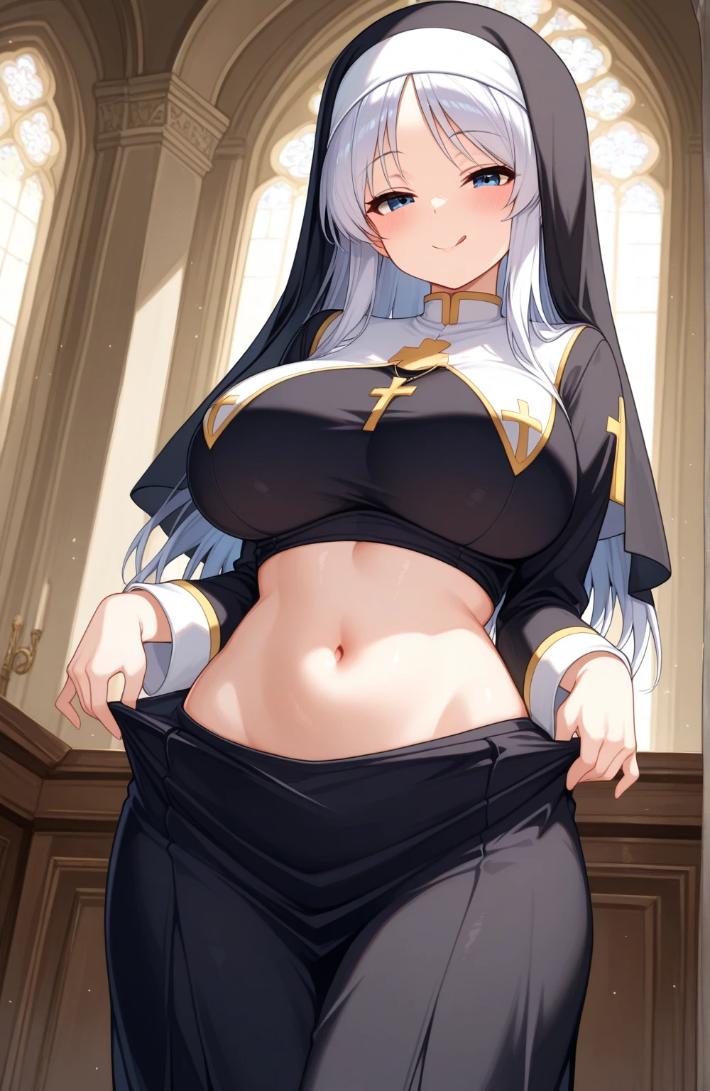 (Best quality, 8k, 32k, Masterpiece, UHD,:1.2),RAW, 2girls,ultra cute , natural lighting,transparent shining eyes, 20yo,medium breast ,fair complexion ,flushed face,dynamic Lighting, Nun Cassock clothing, skirt lift Show off thong, Showing Thong, Black Thong, Embarrassed, Church background