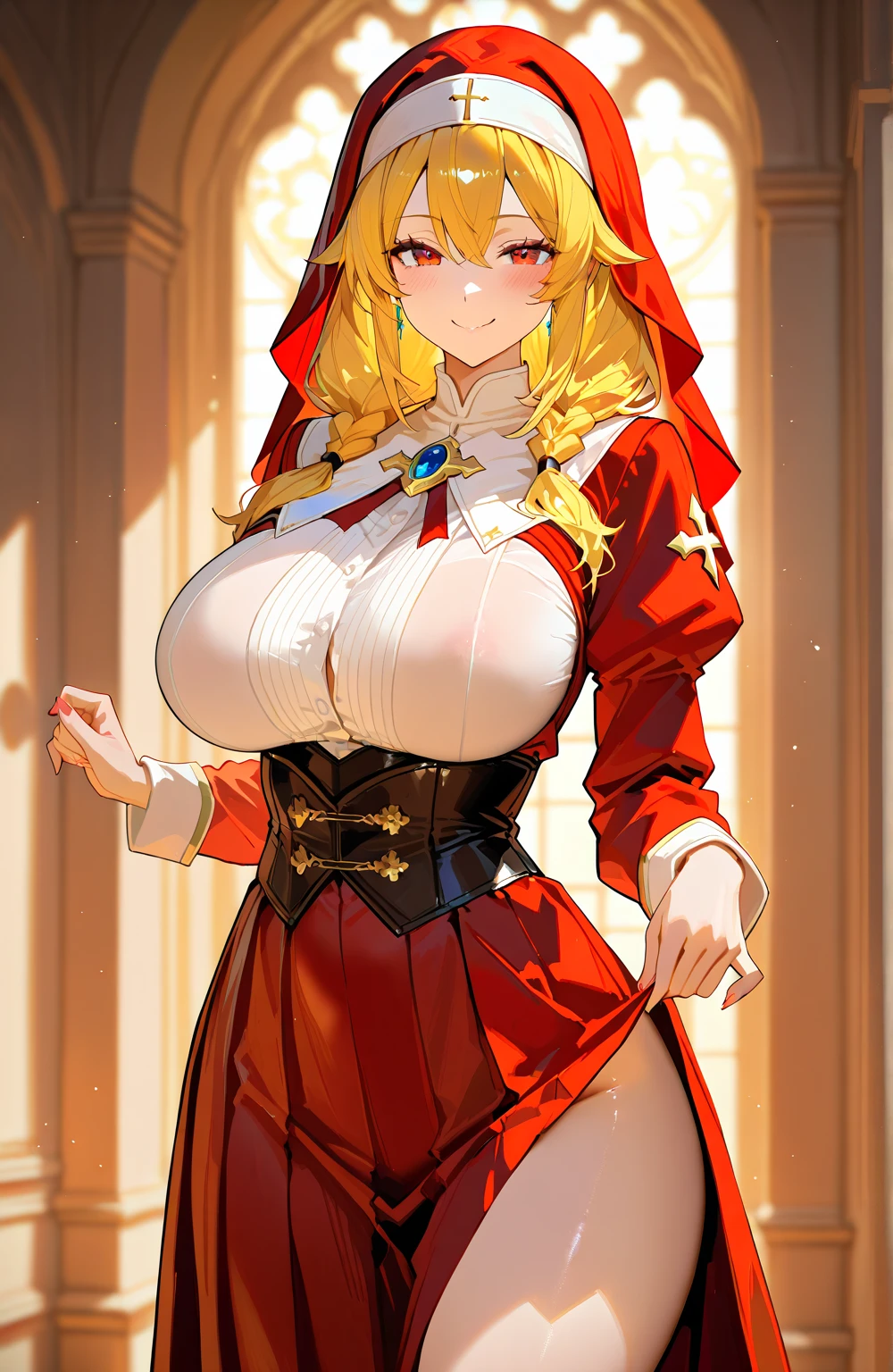 Muy detallado, estilo animado, 1 chica, alone, tumba, ancho, pelo lacio, Rubio, blue eyes, escote, pechos enormes, Caderas anchas, White elegant assassin costume with hood behind the back., con volantes y encaje, wide leather belt, pantalones rojos largos muy ajustados, botas marrones altas que llegan hasta las rodillas, calles medievales renacentistas, dividir el cabello en el medio, Voluptuoso, colgante crucifijo, alone, guantes largos con encaje, Caminando,