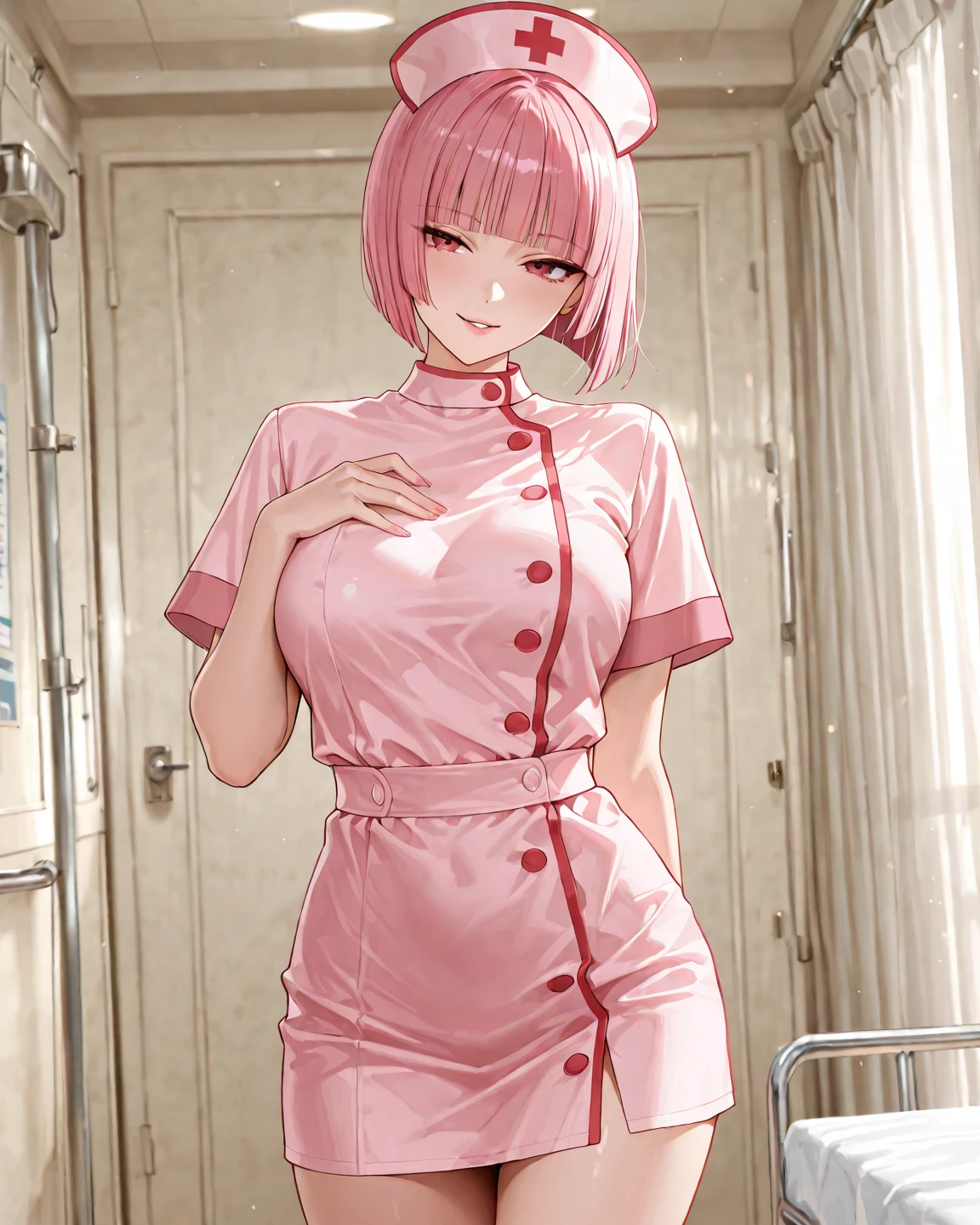 1 female, alone, nurse, nurse cap, Whiteware, ((white legwear, zettai ryouiki)), white gloves, pink hair, green eyes, droopy eyes, pink lips, smile, Are standing, ((hospital room)), sharp outline, short sleeve, mature woman, 32 years old, highest quality, masterpiece