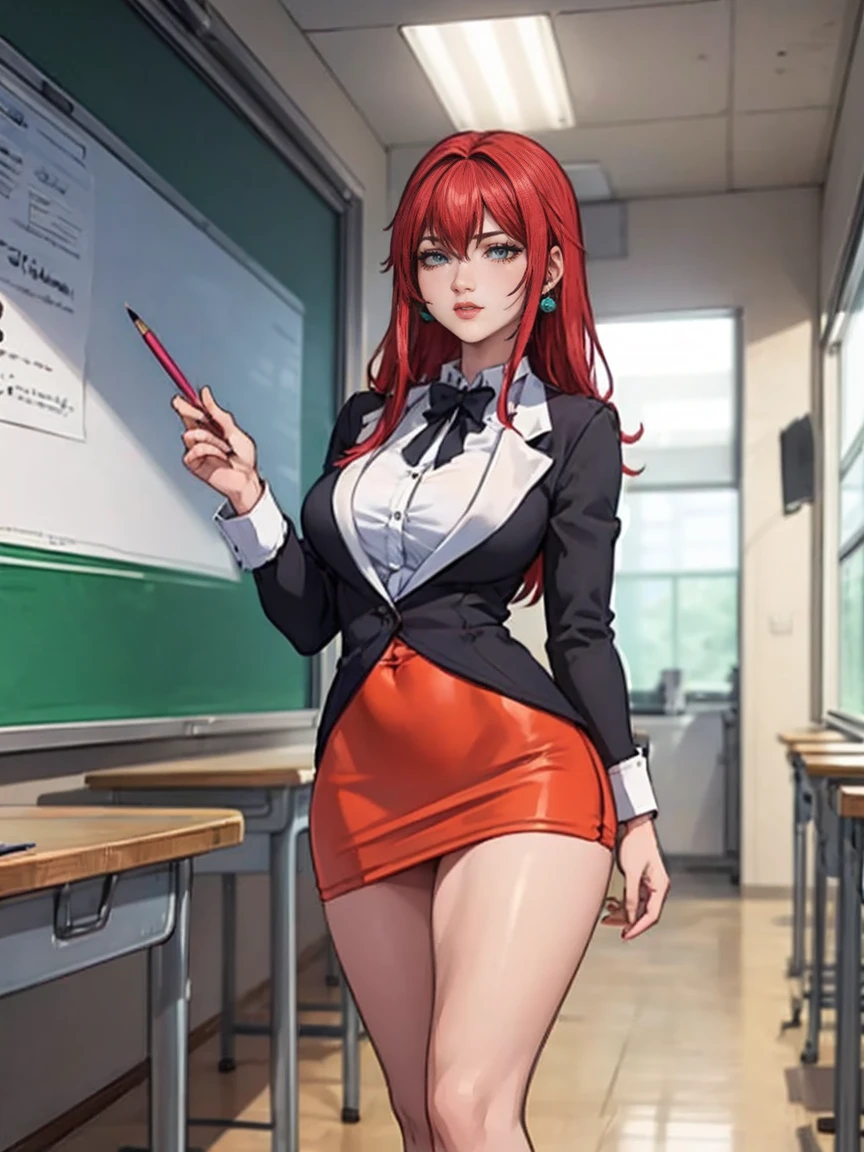 illustration by Hiroko Takashiro, elegant, delicate, reflection, shine, sharp focus, detailed painting, masterpiece, standing near blackboard, holding chalk, classroom, (red hair: 1.05), long hair, lipstick, makeup, (eyes black: 1.05), earrings, (black stockings, 1.1), pencil skirt, high heels, blazer