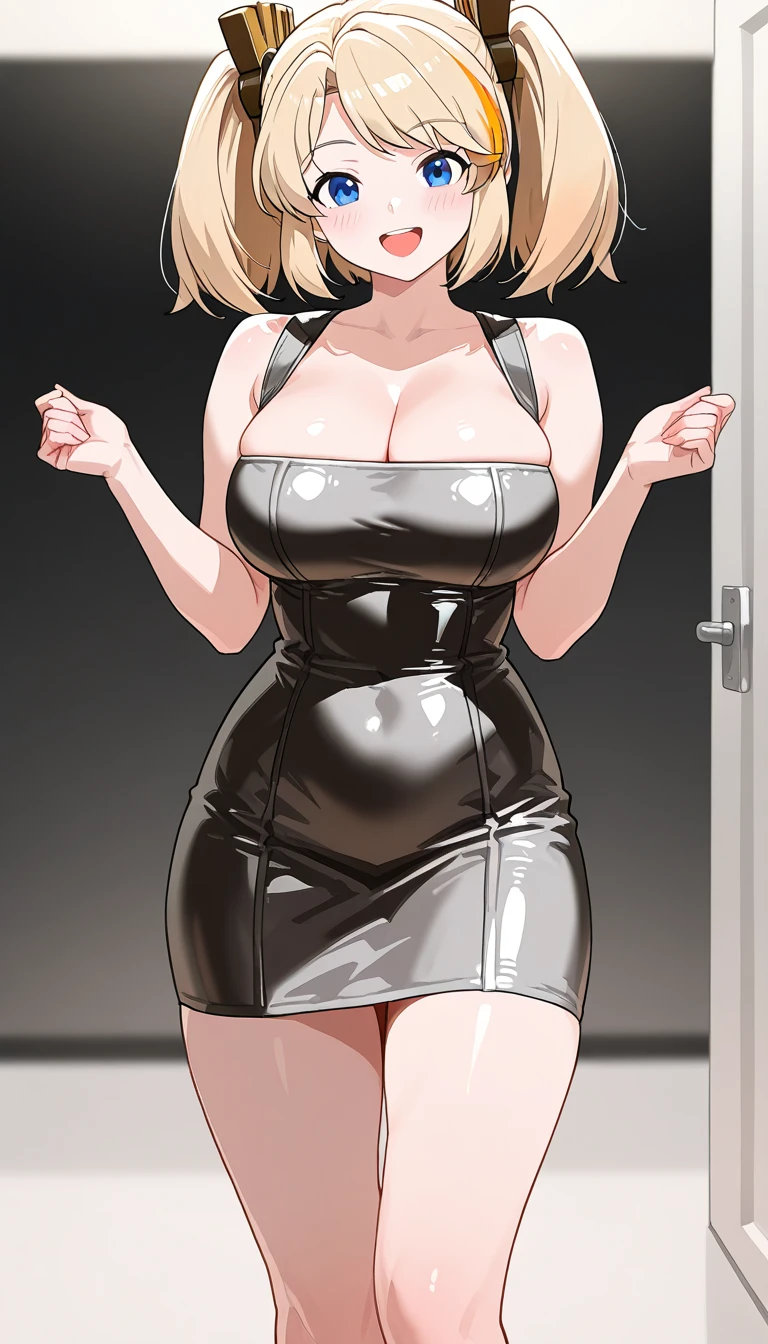 (masterpiece, best quality:1.4), colorful, vibrant image, sharp focus, highly detailed, intricate, ultra detailed drawing, digital art, HDR, 8K,
Kitami Reika is standing with hands behind head and exposed armpits, armpits focus, medical room, summer afternoon complex blackground, near window with blue sky, (tricky glance:1.1), looking at viewer, (cowboy shot:1.05), 
blonde hair, short hair, lipstick, makeup, black eyeshadow, smokey eyes, detailed hair, ultra detailed face, blue eyes, perfect eyes, perfect face, jewelry, cross earrings, blush, 
black corset mini dress, skirt, bare shoulders, black thighhighs, undressing lab coat,
mature female, 40yo, curvy,  (Large Breasts:1.1), cleavage,