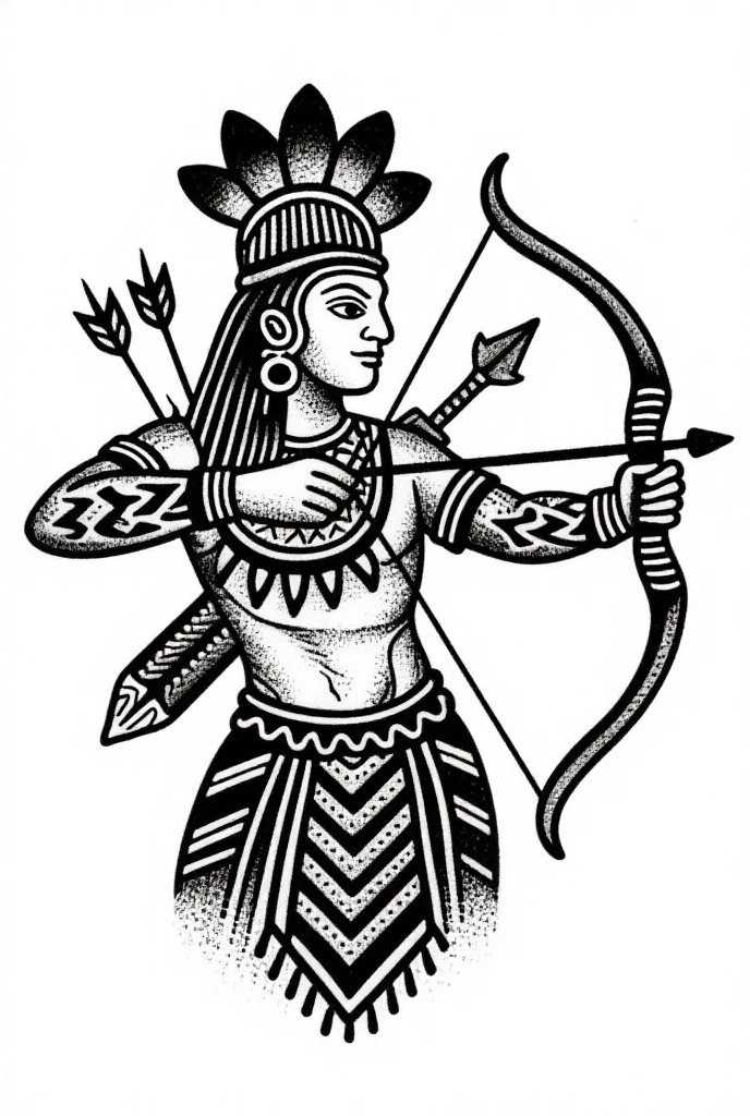 female archer in indian folk outfit, vector graphics, strong contours, logo design
