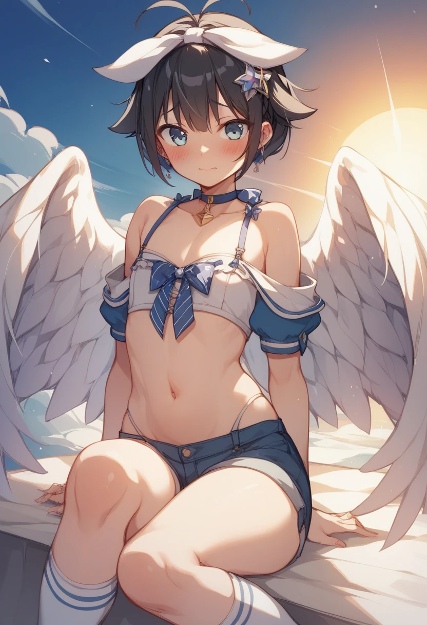 ((Highest quality)), ((masterpiece)), (detailed),((angel)),, Black Hair,(Childish facStraight Hair)), shiny hair, Girl ,Medium Breasts, ((Naked)ess）, ((Blus)),half-smile ,Big wings, ((White Wings)),  Sunlight, extreme_close_up, ((arched back)), (close_up) ,upper body ,Many Stars  ,(Lots of bubbles), (In the sky), ((fly in the sky)),