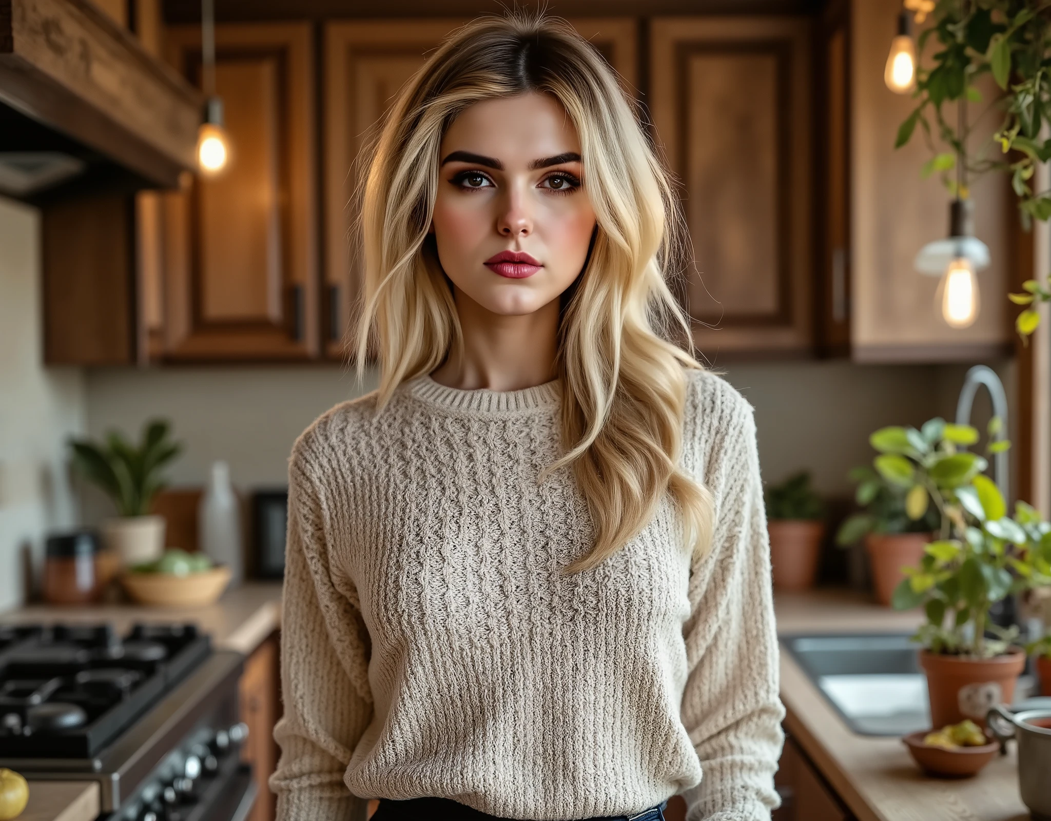 woman wearing a araf sweater, long blonde hair, kitchen