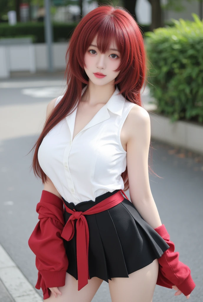 ((masterpiece, best quality)), insaneres, absurdres, solo, looking at viewer,
ANIME_DxD_Rias_Gremory_ownwaifu,
1girl, bangs, long hair, red hair, breasts, large breasts, rias gremory, blue eyes, hair between eyes, very long hair, collarbone, hair intakes, hair over breasts,
black capelet, black corset, collared shirt, kuoh academy school uniform, layered skirt, underbust, school uniform, skirt, shirt, long sleeves, purple skirt, ribbon, miniskirt, neck ribbon, thighhighs, black ribbon,
(wading, looking back), waterfall, <lora:ANIME_DxD_Rias_Gremory_ownwaifu:0.75>,
depth of field, vanishing point, garden, sidelighting,