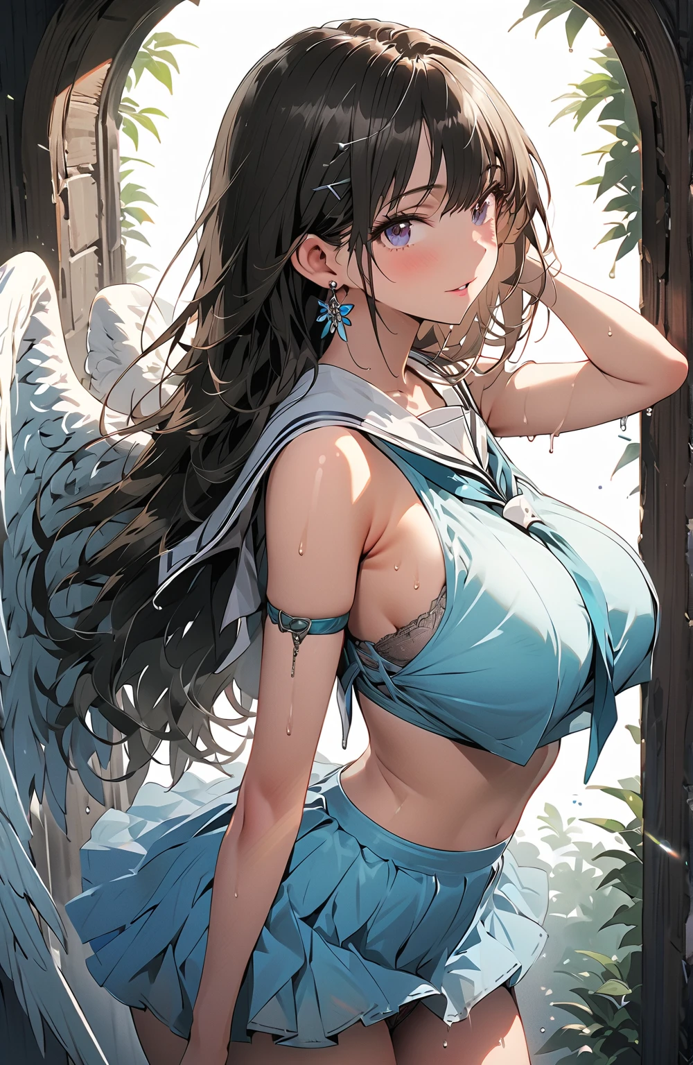 ((Masterpiece)), (Best Quality), ((Super Detail)), (((((watercolor speedpaint Illustration))))), ((Very Delicate and Beautiful)), ((solo)), Dynamic Angle, Looking at viewer, anime moe artstyle, ((enigmatic and motherly)), ((Cerulean Blue eyes)), tanned skin, (((Deep Chocolate Brown hair with orange highlights))), ((Hime Cut hair)), (Floor Length Hair), ((Twin pitch black demon horns)), (otherworldly), exceptionally beautiful, (((plump))), (big breasts), ((curvy)), (((voluptuous))), (ethereal spirit), ((Lacy Yellow Camisole), ((Red and Black Checkered Skirt)), (Camisole with White Trim), ((Mommy)), (high quality), volumetric lighting, ((spiritual plane)), ((((ethereal background))))