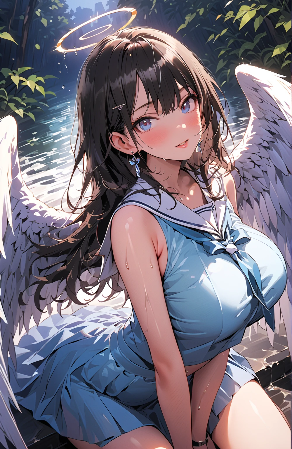 Female angel with big white wings, long straight dark brown hair, sky blue eyes wearing light white dress, face zoom