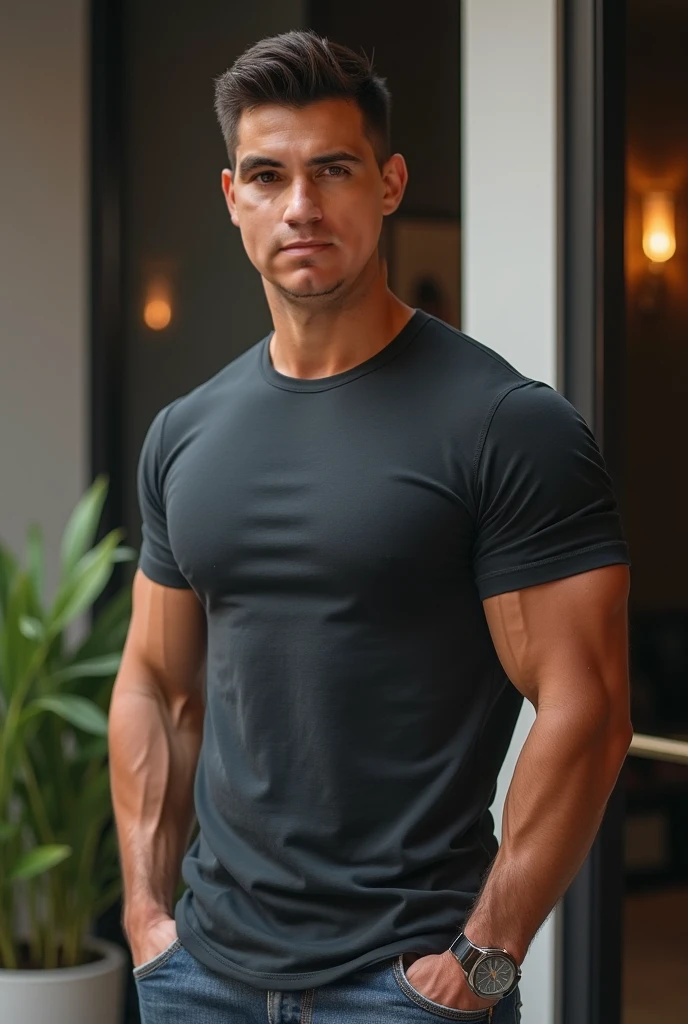 creedo_jacob, solo, goatee, looking at viewer, hairy chest, short hair, tank top, shorts, male focus, glasses, muscular, blurry background, facial hair, thick eyebrows,  pectorals, bara, beard, large pectorals, mature male, stubble, wristwatch, arm hair, thick arms, wrinkled skin <lora:add_detail:1>, <lora:creedo_jacob:0.6>