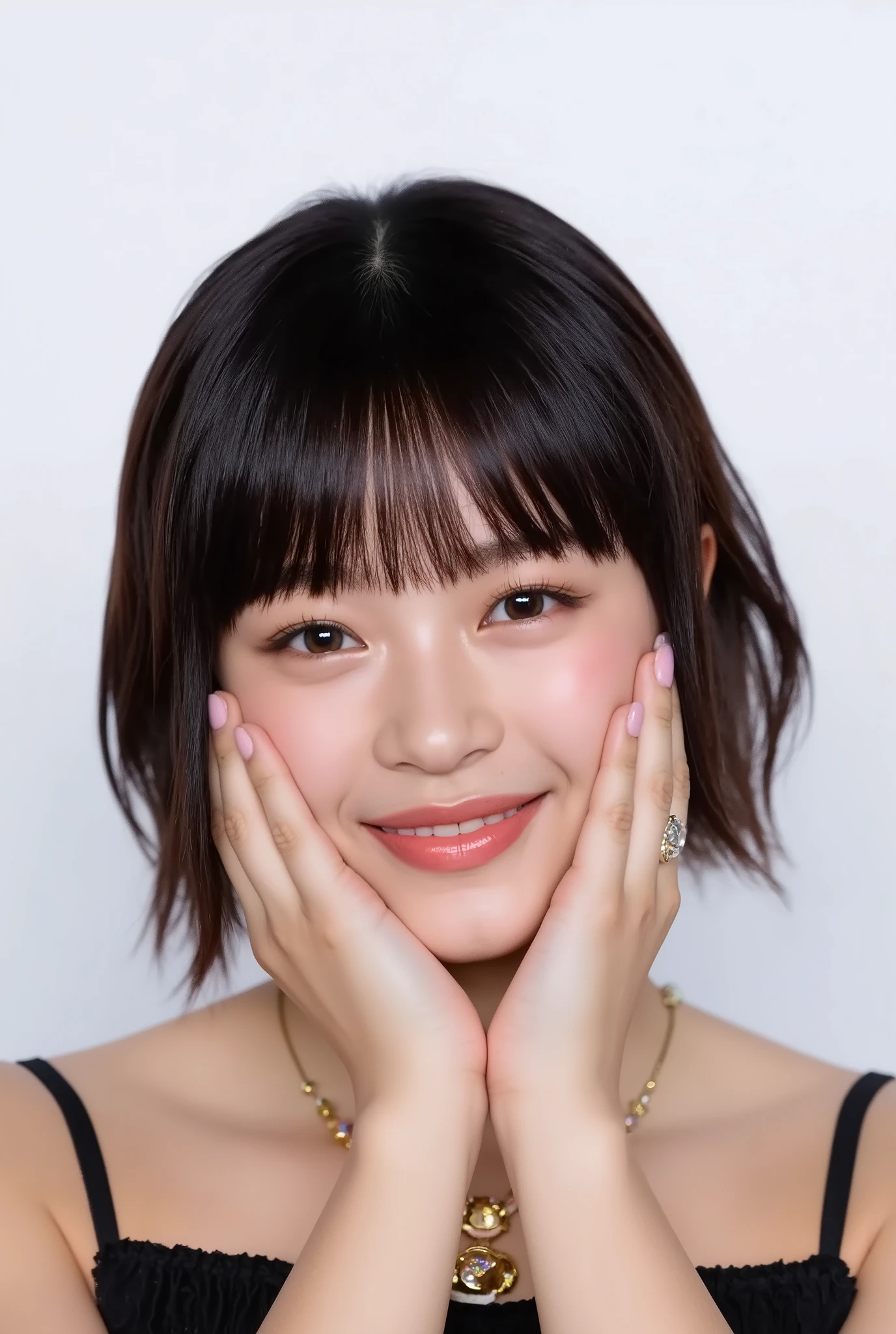 extreme close-up portrait, beautiful girl with her love-struck, radiant face filling the entire frame (95% face ratio), gently placing both open hands on her flushed cheeks with soft fingers, soft black camisole, white blurred background, eyes dreamy and half-lidded, deeply adoring gaze fixed straight at the viewer, irises ultra-detailed with intricate rainbow reflections and glowing catchlights, moist and sparkling eyes as if about to tear up from overwhelming joy, soft melting smile revealing slightly parted lips and upper teeth, skin with visible soft pores, realistic skin texture with warm lighting and subtle shadows, delicate eyelashes, glossy lips with natural highlights, cheeks glowing with deep blush, cinematic soft lighting, lifelike expression full of romantic euphoria, overflowing with happiness, warmth, and pure affection, subtly tilting her head as if whispering a name in total bliss, ultra photorealistic, masterpiece, 8K, hyperreal detail, skin pores, detailed iris texture, cinematic mood