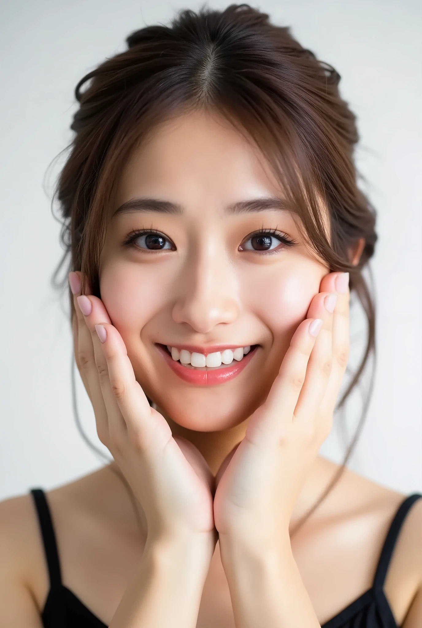 extreme close-up portrait, beautiful girl with her love-struck, radiant face filling the entire frame (95% face ratio), gently placing both open hands on her flushed cheeks with soft fingers, soft black camisole, white blurred background, eyes dreamy and half-lidded, deeply adoring gaze fixed straight at the viewer, irises ultra-detailed with intricate rainbow reflections and glowing catchlights, moist and sparkling eyes as if about to tear up from overwhelming joy, soft melting smile revealing slightly parted lips and upper teeth, skin with visible soft pores, realistic skin texture with warm lighting and subtle shadows, delicate eyelashes, glossy lips with natural highlights, cheeks glowing with deep blush, cinematic soft lighting, lifelike expression full of romantic euphoria, overflowing with happiness, warmth, and pure affection, subtly tilting her head as if whispering a name in total bliss, ultra photorealistic, masterpiece, 8K, hyperreal detail, skin pores, detailed iris texture, cinematic mood
