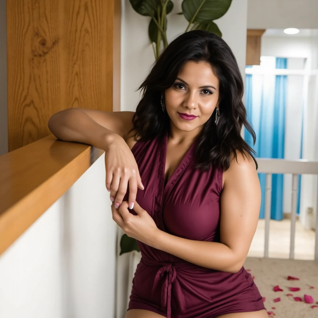Sitting on a sofa in red lace lingerie
