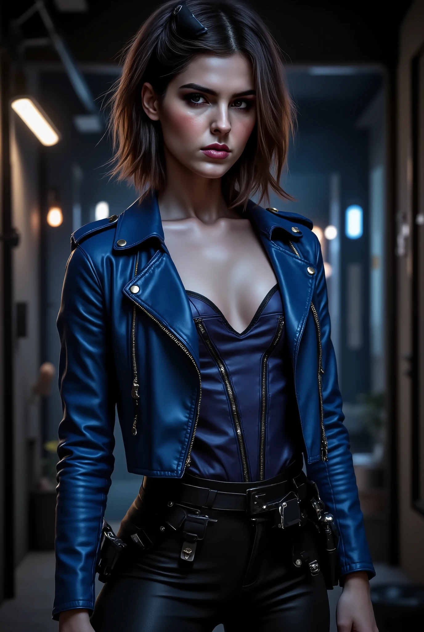 arafed woman in a blue jacket and black pants posing for a picture, in a dark space mercenary outfit, promotional still, hailee steinfeld, oona chaplin, promo still, female lead character, an edgy assassin, tessa thompson, sil from species, promotional images, promotional image, promotional picture, blue leather armor, huntress, profile shot