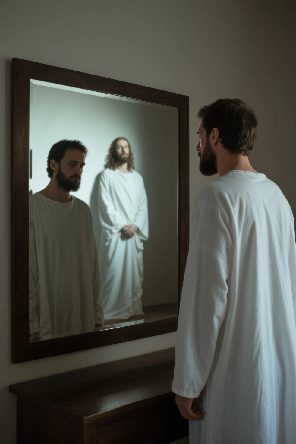 a young bald man at the entrance of the operating room of a hospital accompanied by Jesus