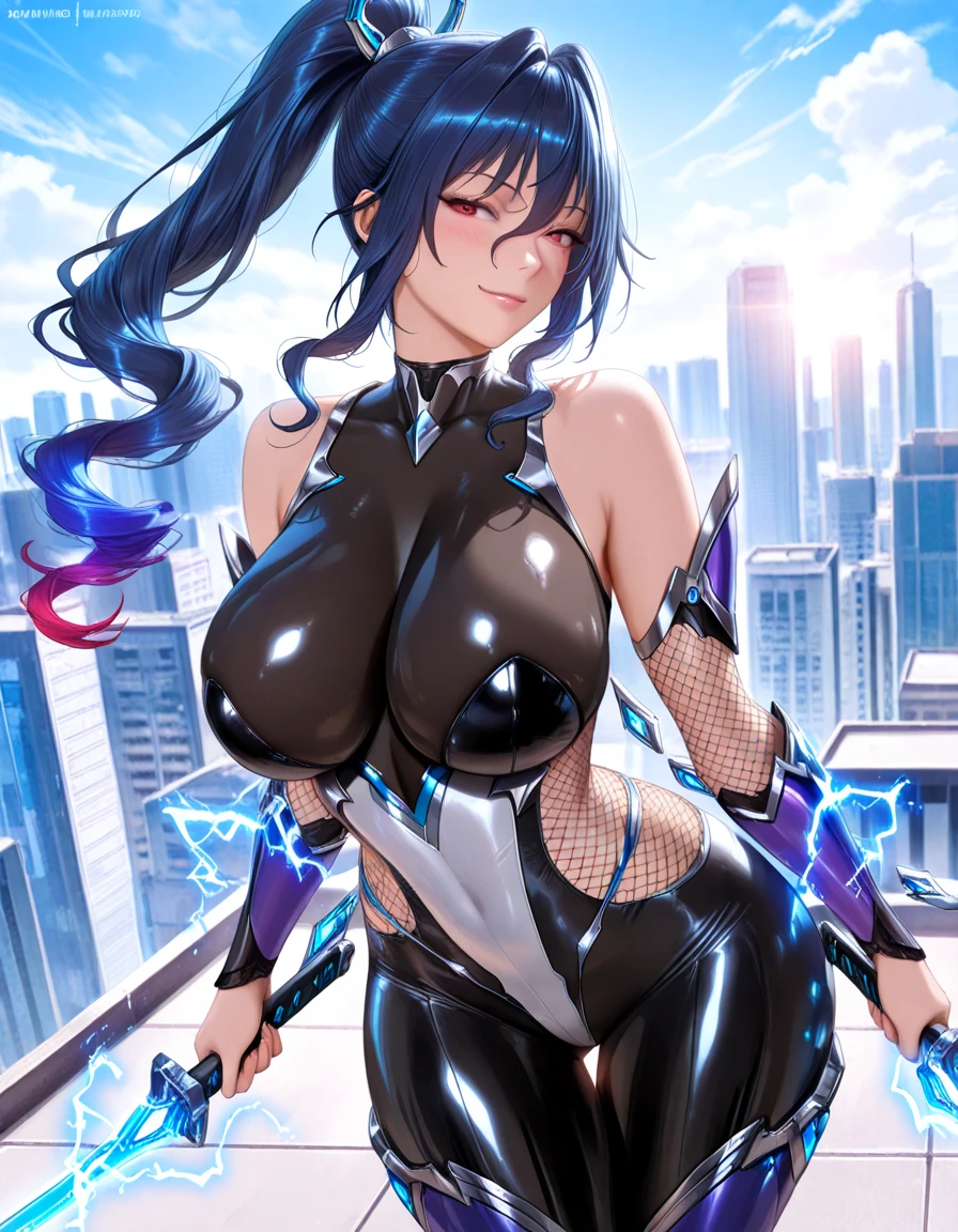 woman,14 years old,,city,night,(((white and blue tight miniskirt bodysuit))),,open mouth smile((See-through)),((beautiful long ponytail)),((baby girl body shape)), ((combat readiness)),