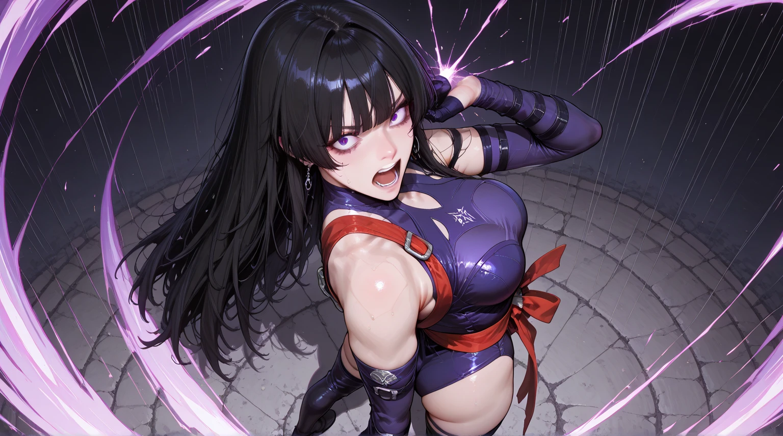 ultra-detailed, Explicit, Beautiful body, Beautiful Nose, Beautiful character design, perfect eyes, perfect face, ultra highres, 4K, beautiful legs, perfect legs, Nice hands, Perfect hand, Masterpiece, Best Quality, Highly detailed, illustration, absurdres, perfect anatomy, street fighter, doll suit, shadaloo doll, dollsuit, expressionless, blank eyes, looking at viewer, red gloves, emotionless, black latex, corrution, mind control, female combatant, full body, hypnotized, unhappy trance, full body suit, ribbed bodysuit, both arms at side, obey, perfect female body, extremely glossy latex, hypnosis, hypnoLora, empty eyes, Mind control device, poses, submissive_pose, Slave, hat, necktie, stand up straight, standing, standing at attention, hat, necktie, belt, latex, ribbed bodysuit, thighhighs, garter belt, Fighting Stance, extending the right arm from the shoulder into the air with a straightened hand, military, thigh boots, 1girl, Solo, rouge redstar, 1girl, long hair, black hair, streaked hair, blunt bangs, pink eyes