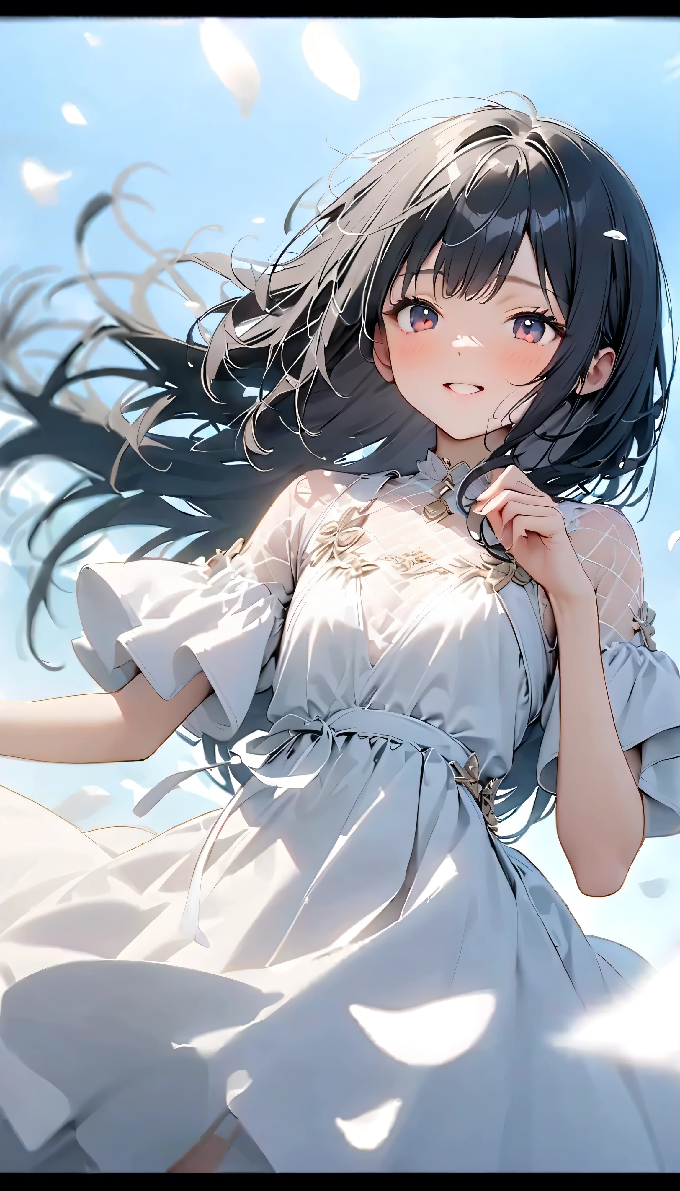 (Highest Quality:1.2, 非常にdetailsな, newest, Highest Quality, Best Aesthetics), 8K Ultra HD, 非常にdetailsな, details, Bold composition, (perfect human structure), beautiful and very delicate texture, (masterpiece:1.2, Highest Quality, Best Aesthetics, wind), (white petals dance:1.2, fantastic blue sky background:1.4), (shallow depth of field:2), windでwhite petals dance, delicate and dynamic, (Light reflection:1.2), (Halation of light:1.2), Romantic and sweet style, コンセプトアートwind, Blessed Virgin Mary white dress, bright light, Beautiful World, New World, accurate, dynamic angles that gather at your fingertips, angel, 1 woman, upper body shot, black hair, dark eyes, young, short, flat chest, textured skin, shiny skin, charming smile, Girl Beauty , Miraculous Beauty Symbol, ((( white dress with lavish embellishments:1.2))), 2.5d, realistic