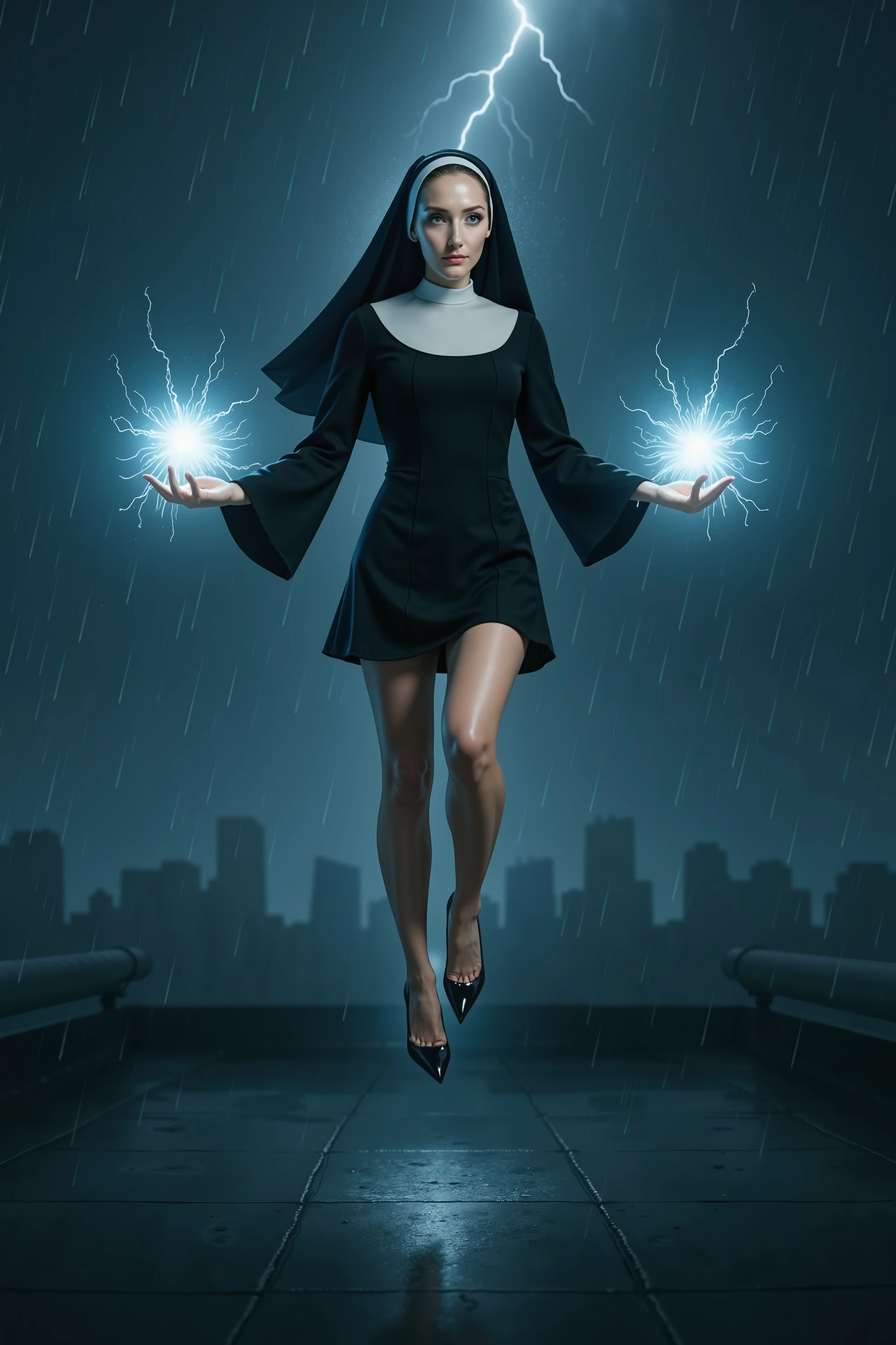 Create image shot from the distance, full body shot of a determined woman with light skin (not too pale), levitating above a rain-soaked rooftop at night. She wears a modern, short black dress inspired by a religious habit, with long flared sleeves and a white collar. A black veil flows from her head. She wears black patent leather Christian Louboutin stilettos with pointed toes. Cinematic lighting, cool color tones, dark atmosphere, DSLR-quality realismHer arms are extended outward, and in her palms float two glowing, explosive orbs of light in electric-blue tones. One of her knees is slightly bent, giving her a dynamic hovering pose. Her skin has a soft, natural glow with a subtle gloss effect. The stormy night sky is lit by lightning, and the blurred city skyline looms in the background. Cool, dramatic lighting with cinematic depth and DSLR realism.