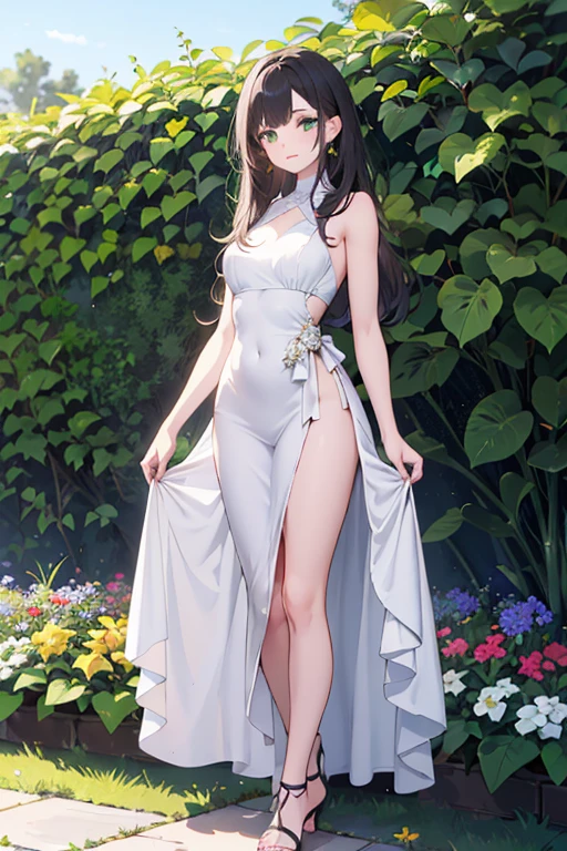 long hair, black hair, medium breast, slim legs, blushing, white gown, cleavage, royal, skirt, rin tohsaka, twin tail, navel, garden, night