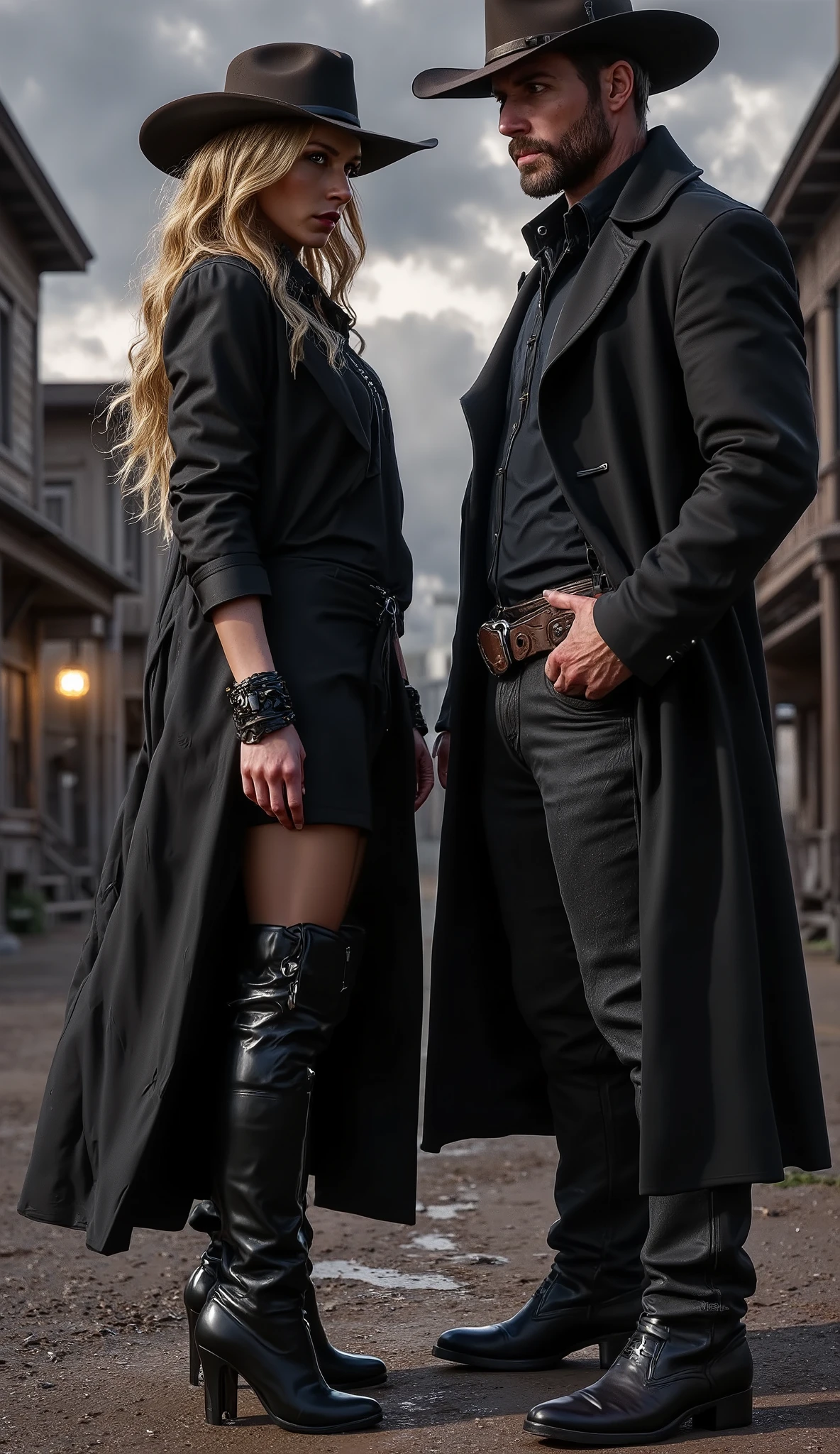 Hyper-realistic cinematic scene of a rugged cowboy engaged in a tense, intimate conversation with a mysterious and stunning cowgirl under the dim glow of a lantern-lit street in an old western town. The cowgirl exudes allure in a bold, form-fitting outfit — black high-heeled boots, a dark wide-brimmed hat casting shadows over her eyes, and a long, flowing duster coat suggestively open in the front. Her presence is magnetic and confident, with a sense of danger and charm. The cowboy, weathered and stoic, stands close, one hand on his belt, the other gesturing in mid-speech. They stand near aged wooden houses, cracked porches and flickering lights, as fog coils through the muddy streets under a violet twilight sky. Dramatic backlighting through clouds enhances their silhouettes. Highly detailed textures — from worn leather to rain-dampened wood — bring the scene to life. Cinematic lighting, shallow depth of field, vintage film grain, and a 35mm lens-style framing underscore the moody atmosphere and narrative tension.