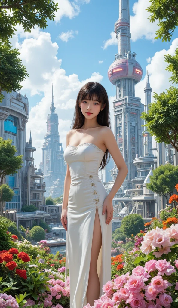 woman, 8k, realistic, photo-realistic, highest quality, best quality, masterpiece, highly detailed, cinematic lighting, full body, (female torso:1.4), (robot legs arms:1.3), wide hips, tatoos, side view, (utopian sci-fi city:1.4), trees, grass, vines, (white long dress:1.3)