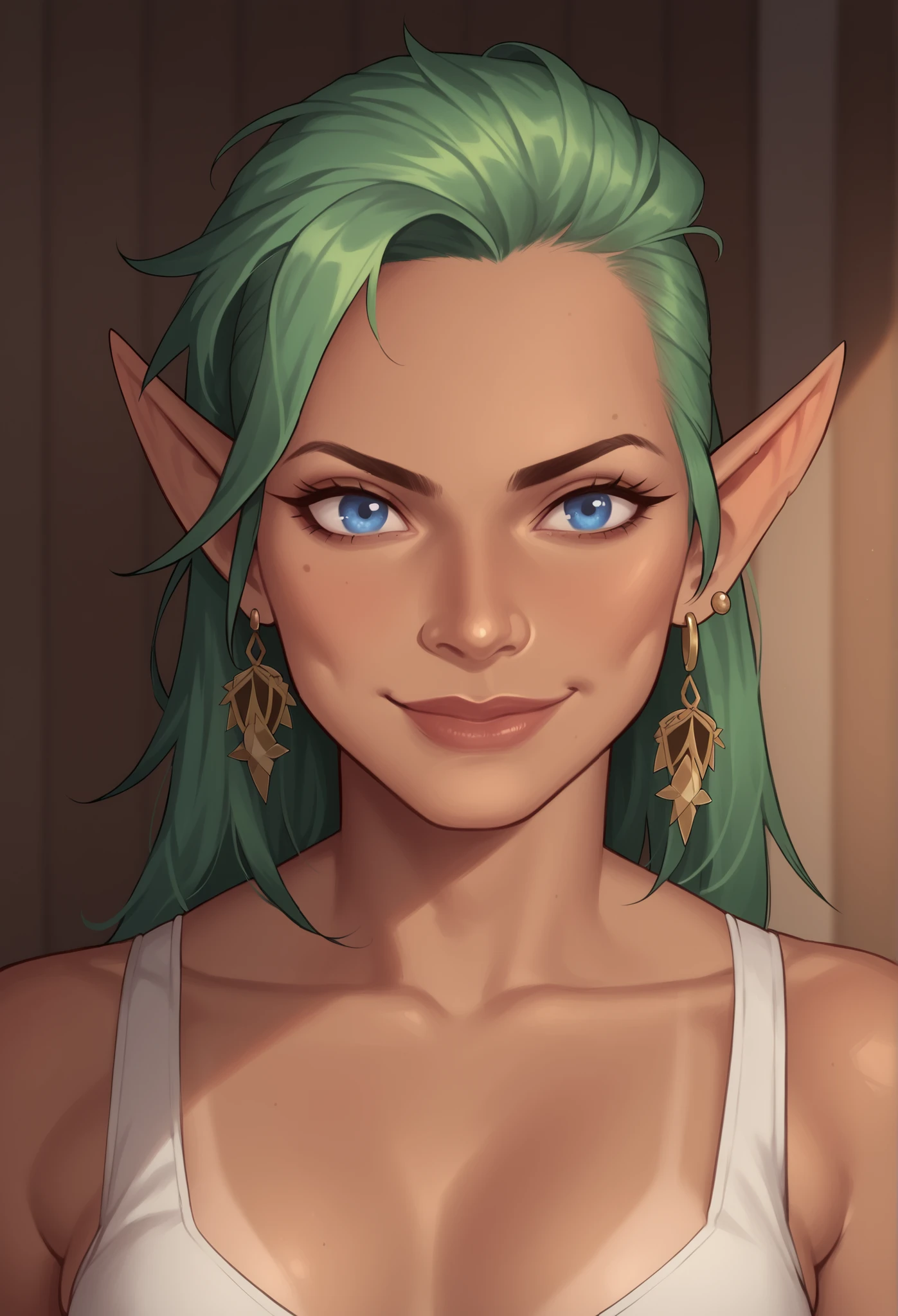 (((beautiful, high quality, comics style, detailed face))), score_9, score_8_up, score_7_up, masterpiece, best quality, unrealistically high details, extremely high quality, ultra-high detail, good anatomy, rating_explicit, perfect anatomy, anatomically correct hands:1.5, blurred background, detailxl, DeepNegative_xl_v1, zPDXL3, Score_PnyReal, deep_negative_pony, cowboy shot:1.5, view from above BREAK solo, 1woman, female, elf, pointed ears, tan skin, brown skin, green hair, ombre hair, earrings, punk clothing, blue eyes, smirking, smile, (face near viewer) BREAK (expressive face, expressive body, expressive emotions, dynamic pose, intense gaze, lively eyes, detailed facial expression, engaging presence:0.5).