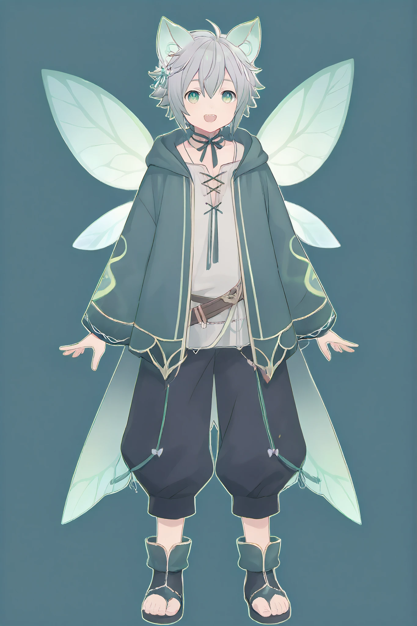 full body、upright、 Arms on Both Sides 、with meteors、simple background、Highest Quality、only 1 male、open your mouth、 deep green eyes、Fairy Ears、grey hair、Wolfhair、Casual Outfit、smile、 small