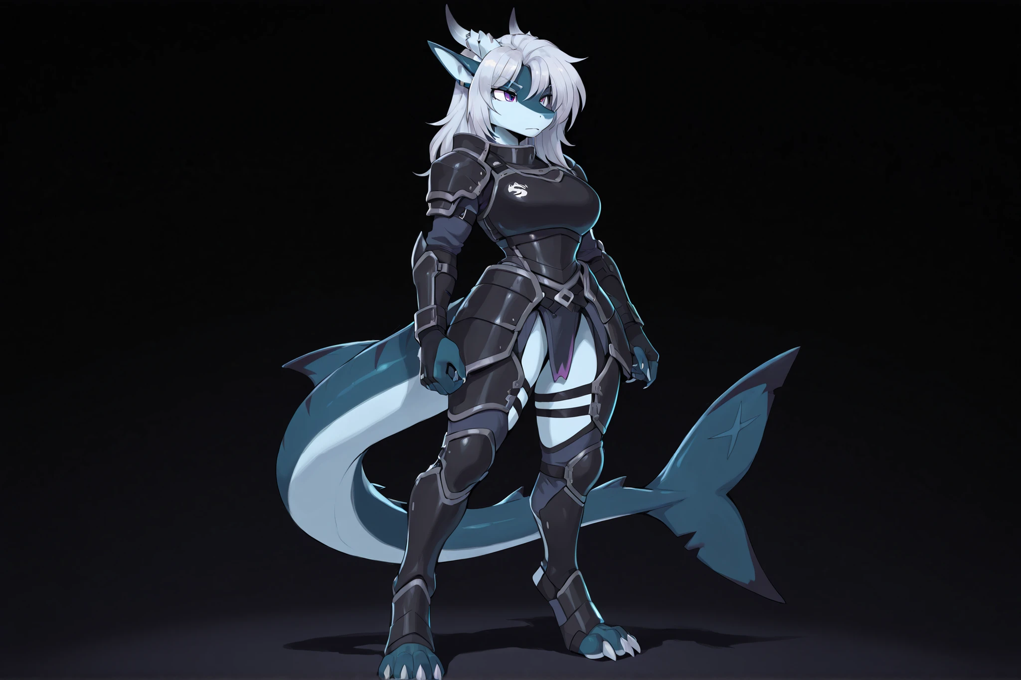 ((solo:5.5)), masterpiece, best quality, anime shading, full body picture, centered, Dragon girl, strong build, plush figure, furry female, solo, dragon, tail, dark green body, digitigrade legs, claws, horns, silver hair, back dorsal fins, shark fins, shark tail, purple eyes, perfect eyes, female, 1girl, (wearing dark blue body armor), hip armor, faulds, standing, dark background, stoic expression,