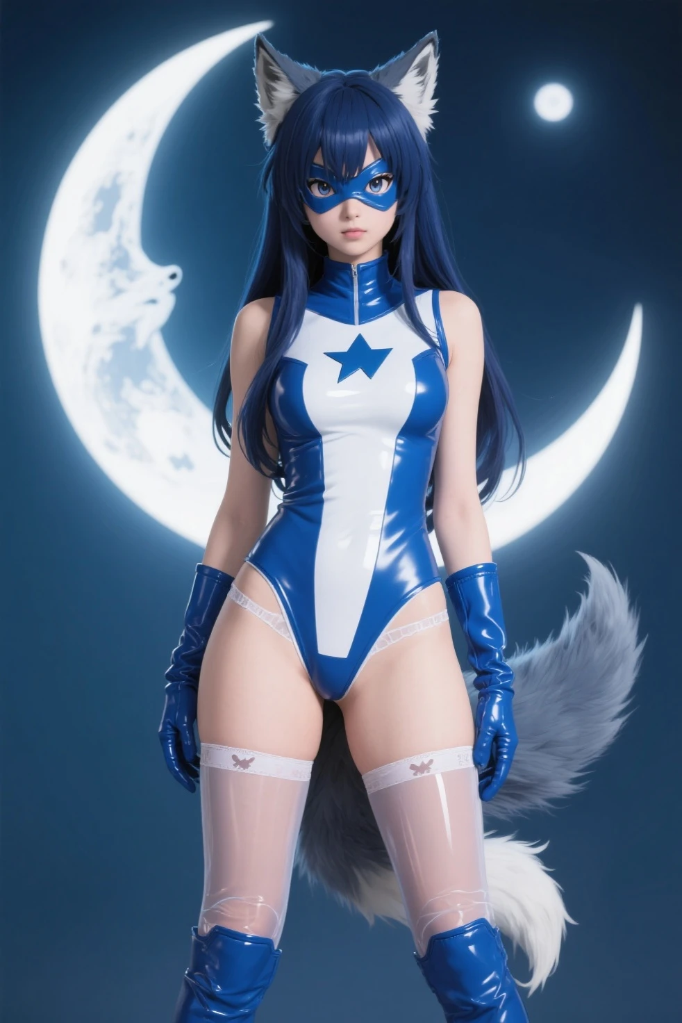 Felicia beautiful super sexy cat goddess with big breasts and big hips that shows her full body in a sexy pose with a low neckline the dark night with the moon