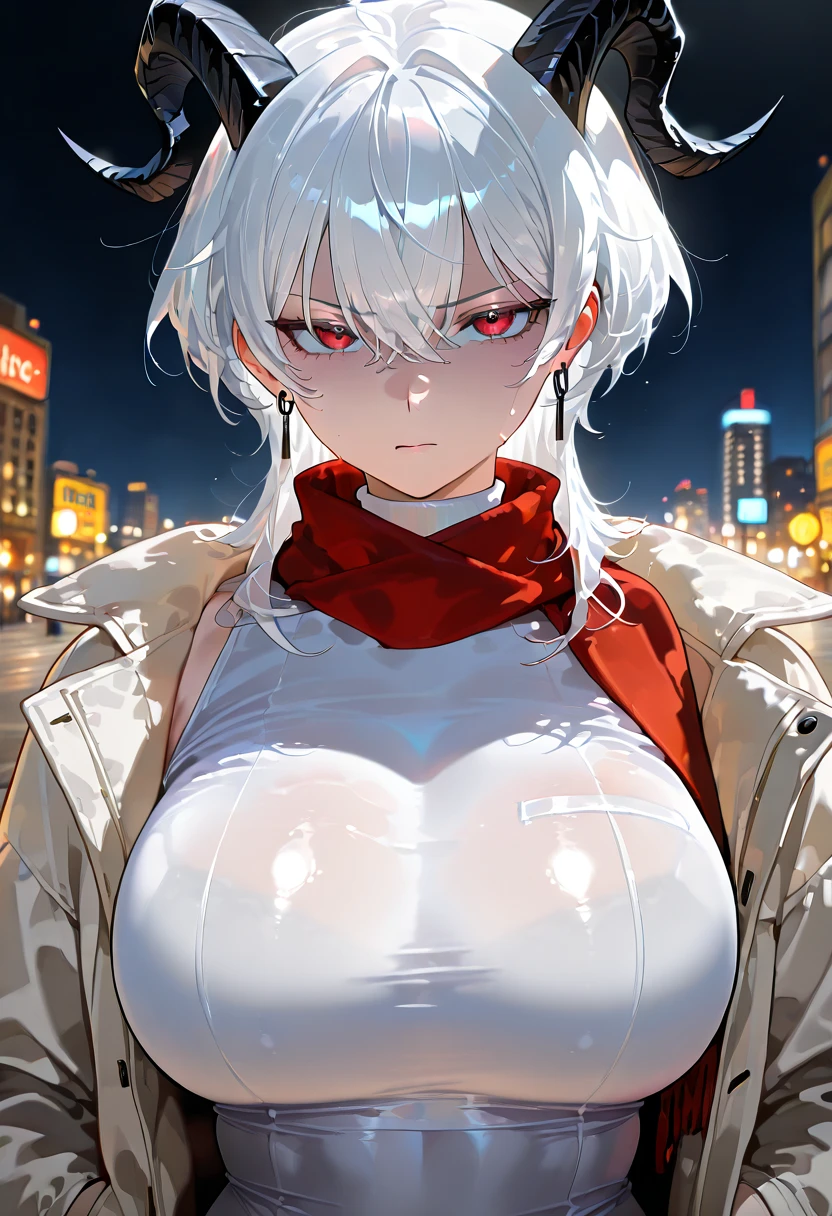 Nsfw, masterpiece, 1girl, solo, faust_(limbus_company), white hair, short hair, blue eyes, light blush, dull expression, expressionless, alternative costume, ascot, cloak, hooded cloak, bodysuit, wetsuit, zipper, big breasts, perky breasts, cleavage, covered nipples, navel, walking, looking up, on the streets, raining, cowboy shot, bloody face, bloody hair