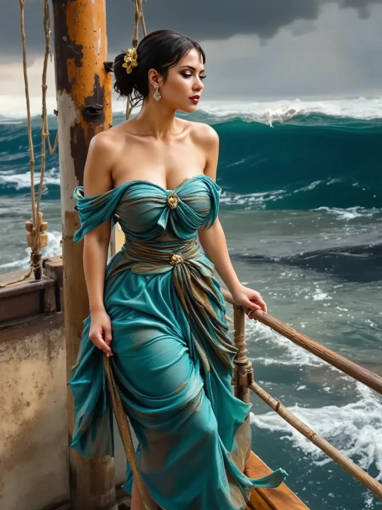 1girl, green dress, very long hair, colossal hurricane, stormy sea, swirling wind, crashing waves, fury ocean, cinematic lighting, (masterpiece:1.4), traditional clothing, detailed face, ornate headpiece jewelry, looking at viewer, dangle earring, official art, soft clothes, costumes fluttering in the wind, super detailed, beautiful and aesthetic, top quality, grand, bold composition, glitter, high definition, full gigantic breasts,