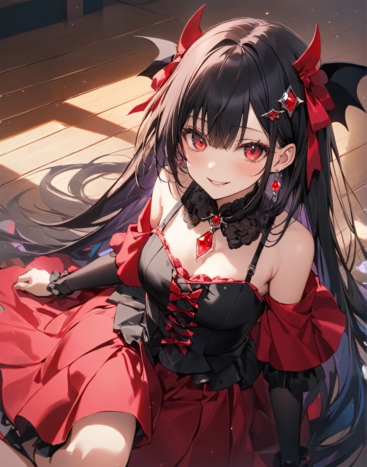 masterpiece, best quality, ultra-detailed, glistening shiny, glowing light, ray tracing, HDR, deph of field, (perfect face, detailed face), lucelia, very long hair, flat chest, black eyes, two side up, pointy ears, demon horns, demon wings , black dress, red skirt, layered dress, red thighhighs, necklace, armlets, wristbands, skirt lift, thong