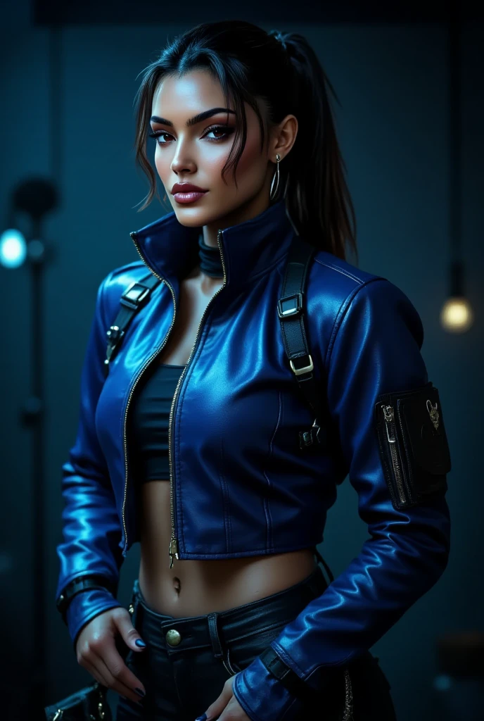 a woman in leather pants, leather blue jacket oreyro, huge bare tits, muscular legs, big ass, black hair tied in a ponytail, bangs to the eyes, hair between the eyes, hair on the sides, (best quality,4k,8k,highres,masterpiece:1.2),ultra-detailed,(realistic,photorealistic,photo-realistic:1.37),full body shot, dynamic pose, dramatic lighting, moody atmosphere, cinematic, dark and gritty, high contrast, vivid colors, dramatic shadows