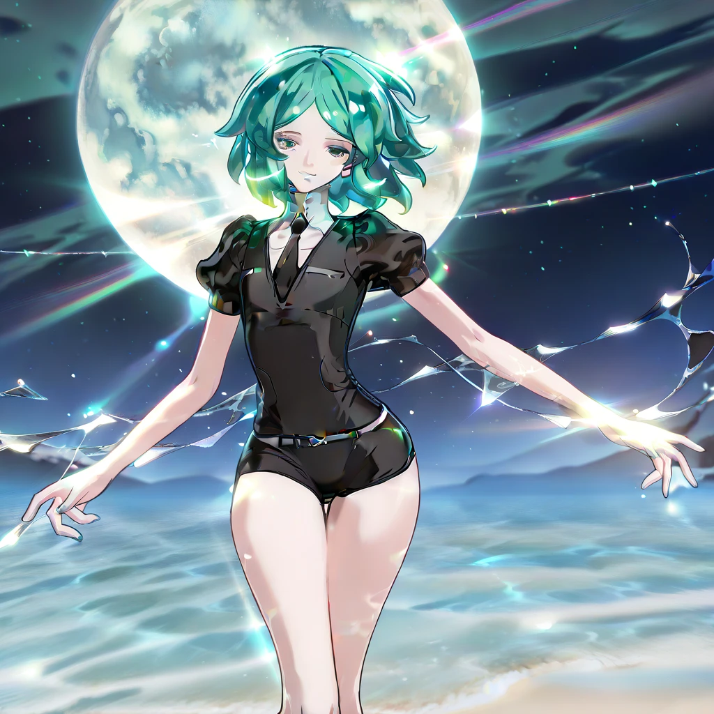 1girl, kuki shinobu, genshin impact, green hair, black evening gown, shoulders, sleeveless, clavicle, plunging neck line, sensual, pose, thighs,night, starlit sky, beautiful detailed sky, (masterpiece:1.2), (best quality:1.2), (very aesthetic:1.2), (absurdres:1.2), (detailed background),(art inspired by Bill Sienkiewicz). oil painting)