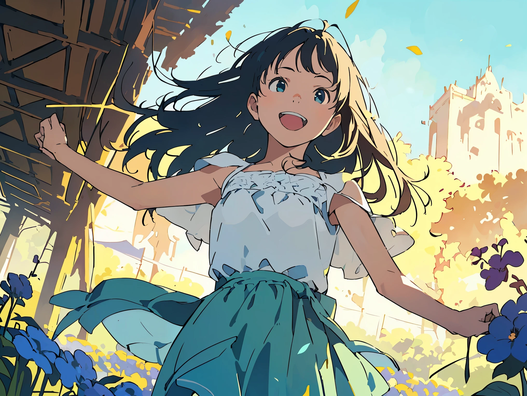 Reasonable Design, clear line, High Sharpness, (Highest Quality,8k,perfect sharpness, Super Fine,high resolution,masterpiece:1.2), Completed:1.5, official art, telling a story , (Off-white background:0. 9)、 Body Positive 、多 Mr..Physical expression、(Random active poses)、 perfect beauty 、perfect beautiful face、Strong winds、rich expression、dynamic composition、smile、Golden ratio composition、colorful、(( Mr..々 Different Angles and Perspectives ))、anime art、(mini dress)、(Overcoming stereotypes)、 Glowing Skin、(natural beauty)、smile、bungs、(soft flowing hair)、(countryside)、(Nostalgic Atmosphere)、stand up、(Playful and easygoing)、(多 Mr..ethnic characters)、(Innocent attitude)、(cheerful vibes)、(My skirt flaps violently in the wind)、(bright color)、beautiful eyes on my stomach、(embarrassing)、braids、Summer landscape、Smiling among the flowers、side angle、angle from below、、