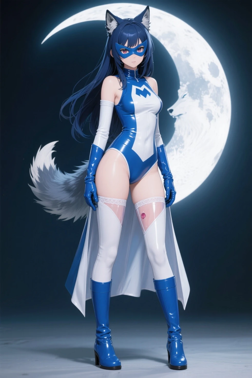 ((Felicia from darkstalkers series))(she has big glowing blue eyes)(bright red lips) (((very long messy blue hair)))(dark eyeshadows make up)((huge breasts)) (perfect slim body) ((white furry fur, white cat ears, white cat hands, white cat feets, white cat paws, claws, fangs, white cat tail, white fur)) ((posing on building rooftop)) (high definition, volumetric lights and dinamic shadows)((masterpiece))(8k)(perfect face)(ultra details) (perfect hands, eyes, and face) (bats flying around)