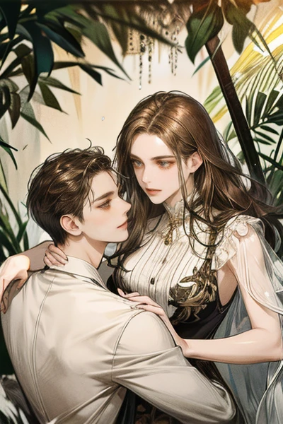 high resolution, Masterpiece, Anatomically correct, best quality, Honored many times, details, detailsสูง, โมเดลhigh resolution, realistic textures, high resolutionสุด, loved one , rose garden, man, black hair, Black open chest shirt, woman, black hair, long hair, red dress, sexy, shut your mouth, brown eyes, Rose background, simple outfit, 
