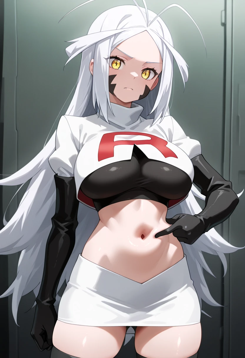 score_9, score_8_up, score_7_up, score_6_up, score_5_up, score_4_up, BREAK,blunt bangs,Gray Hair,Yellow Eyes,ponytail,big breasts,,Overflowing breasts,Street fashion,Erect nipples,latex,Underboob,White background,Are standing,fine anime screencap_xl, anime screencap