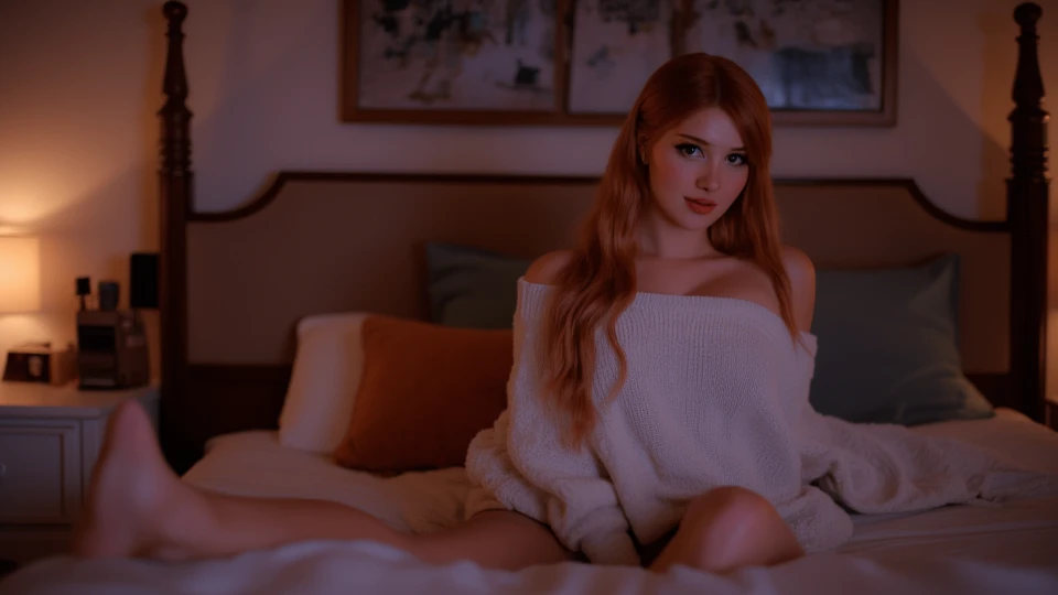 Light orange warm light,Night view of the city outside the window,bigger breast,duck sitting,sitting on his knees on the bed,legs separated,Sex suspender stockings,Delicate makeup,high qulity,8K,short light blonde hair,cyberpunk lights