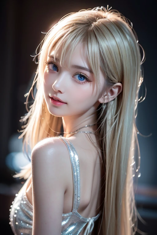portlate、School Uniforms、bright expression、poneyTail、Young shiny shiny white shiny skin、Best Looks、Blonde reflected light、Platinum blonde hair with dazzling highlights、shiny light hair,、Super long silky straight hair、Beautiful bangs that shine、Glowing crystal clear attractive big blue eyes、Very beautiful nice cute 16 year old girl、Lush bust