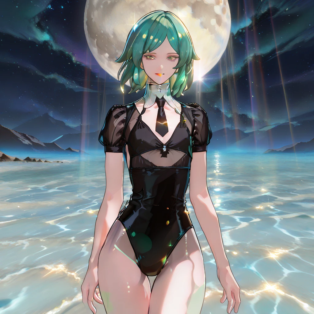 1girl, kuki shinobu, genshin impact, green hair, black evening gown, shoulders, sleeveless, clavicle, plunging neck line, sensual, pose, thighs,night, starlit sky, beautiful detailed sky, (masterpiece:1.2), (best quality:1.2), (very aesthetic:1.2), (absurdres:1.2), (detailed background),(art inspired by Bill Sienkiewicz). oil painting)
