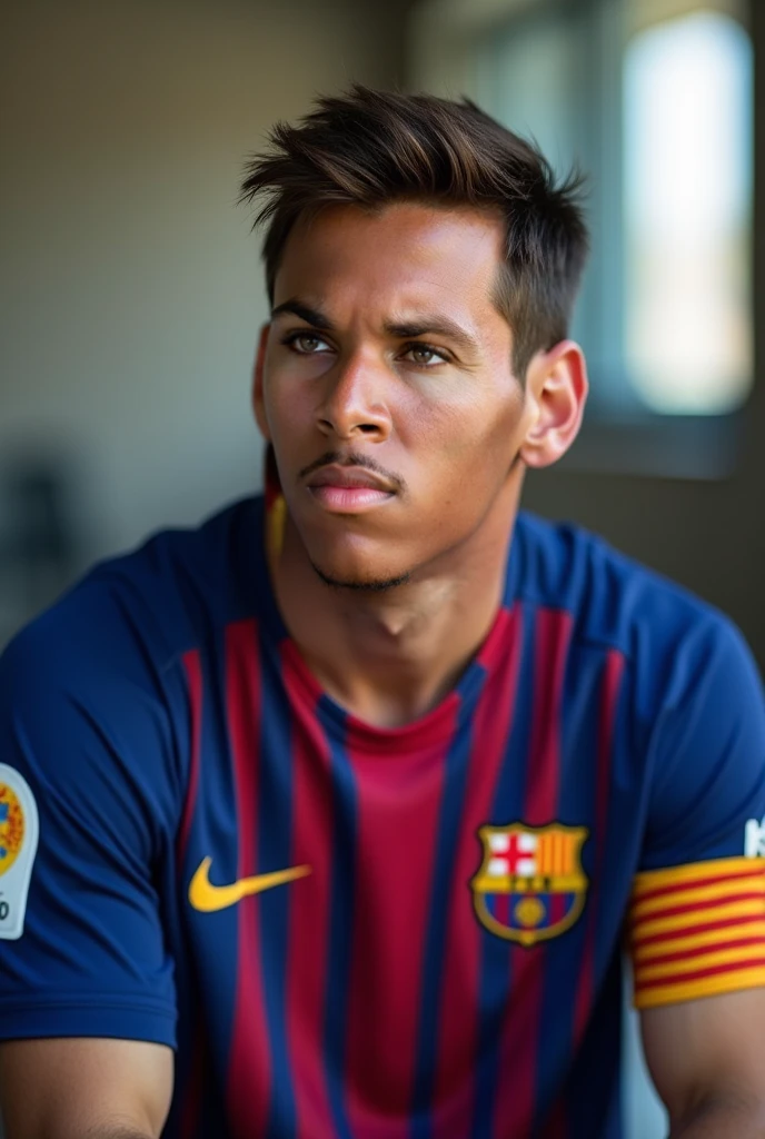 Javier, twenty six years old Colombian man, sad and deep look - Thin body due to his Leukemia - Tattooed arms - Soccer field stadium - With a blue shirt, his favorite team 'boca junior'-black expanders or piercings in your ears - Short hair - Dark circles under his eyes - Sitting in a wheelchair - Looking at the camera to speak directly and sitting on his lap is his eldest fourteen-year-old daughter wearing the same blue shirt as her father with her favorite team with a sad and resigned look.
 