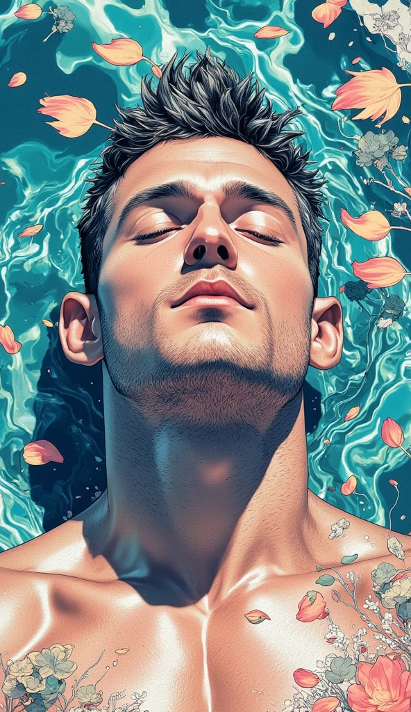 Imagine a man floating in the middle of a vast ocean, his body partially submerged in the water. The water appears as a vibrant and colorful world, with various marine creatures, coral reefs, and plants surrounding him. The man seems to be struggling to stay afloat, with his arms reaching out in desperation. Above him, the sky transforms into a mesmerizing rose flower, with intricate petals and vibrant shades of red, pink, and white. The flower seems to be blooming, emanating beauty and serenity. Floating alongside the rose flower is a galaxy, with clusters of stars, planets, and cosmic dust. The galaxy shines brightly, casting a mystical glow upon the man and the water below. --auto