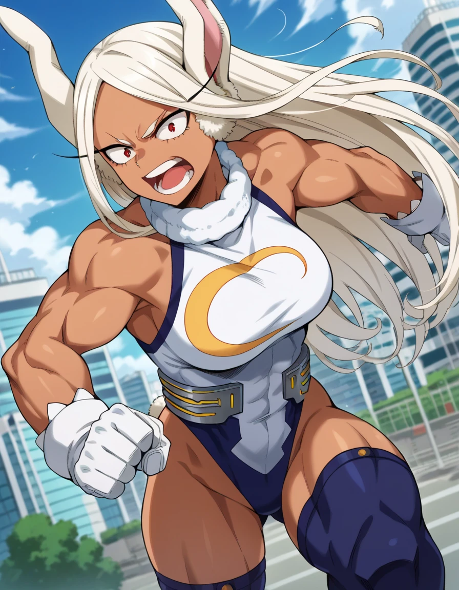 Score_9, score_8_up, score_7_up, source_anime, from below, solo, 1girl, rumi usagiyama, long hair, animal ears, white hair, dark skin, rabbit ears, dark-skinned female, muscular, rabbit girl, muscular female, red eyes, parted bangs,thighhighs, gloves, sleeveless, white gloves, leotard, turtleneck, highleg, highleg leotard, fur collar, sleeveless turtleneck, turtleneck leotard, sleeveless turtleneck leotard, crescent print,smile
