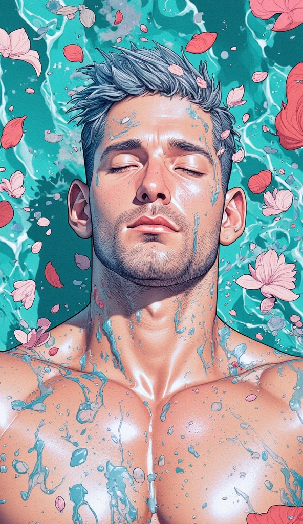Best quality, masterpiece,ultra high res,detailed background,realistic,Ophelia in the Water,from above,closed eyes,1man,solo,male,muscular,mature male,facial hair,beard,short hair,lying,lotus,candle,water,real shadow and light,depth of field