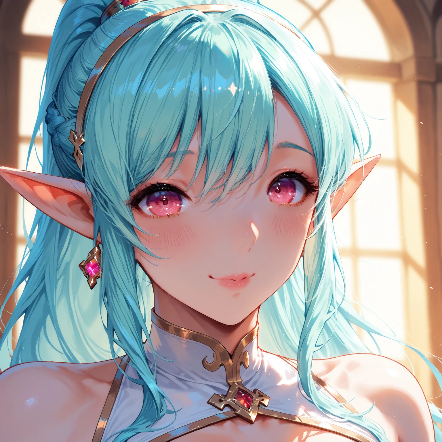 half-elf, light blue hair, blue ballroom dress, smile, blue eyes, done up hair, solo