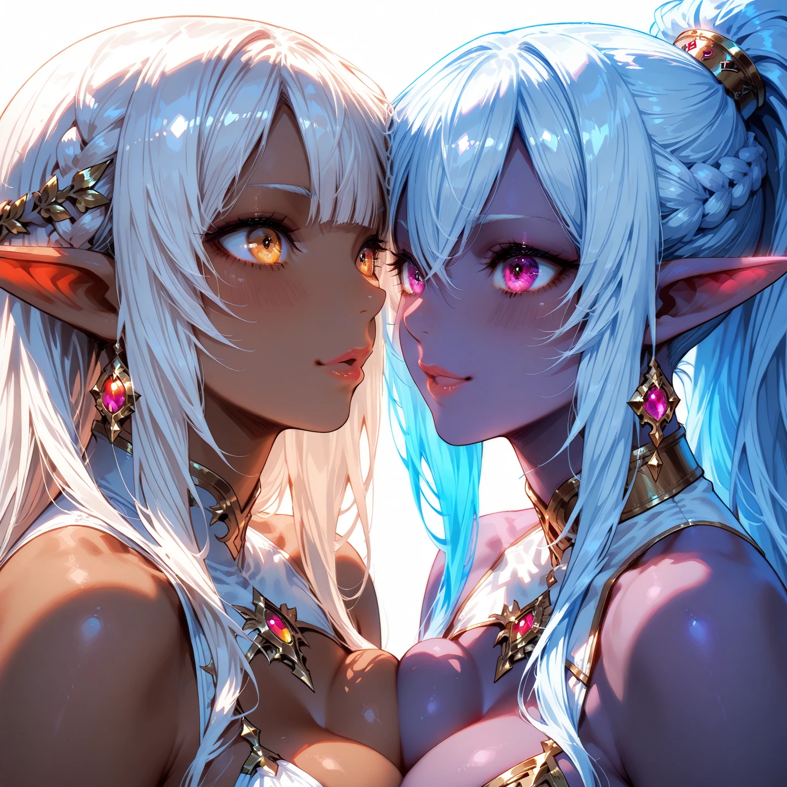 1 girl Big dark-skinned elf, grey hair, hot figure, big beauty, delicate and beautiful face, full body portrait, big eyes, beautiful face, big, transparent tulle, sexy and alluring, plump body, hands on chest, perfect body proportions