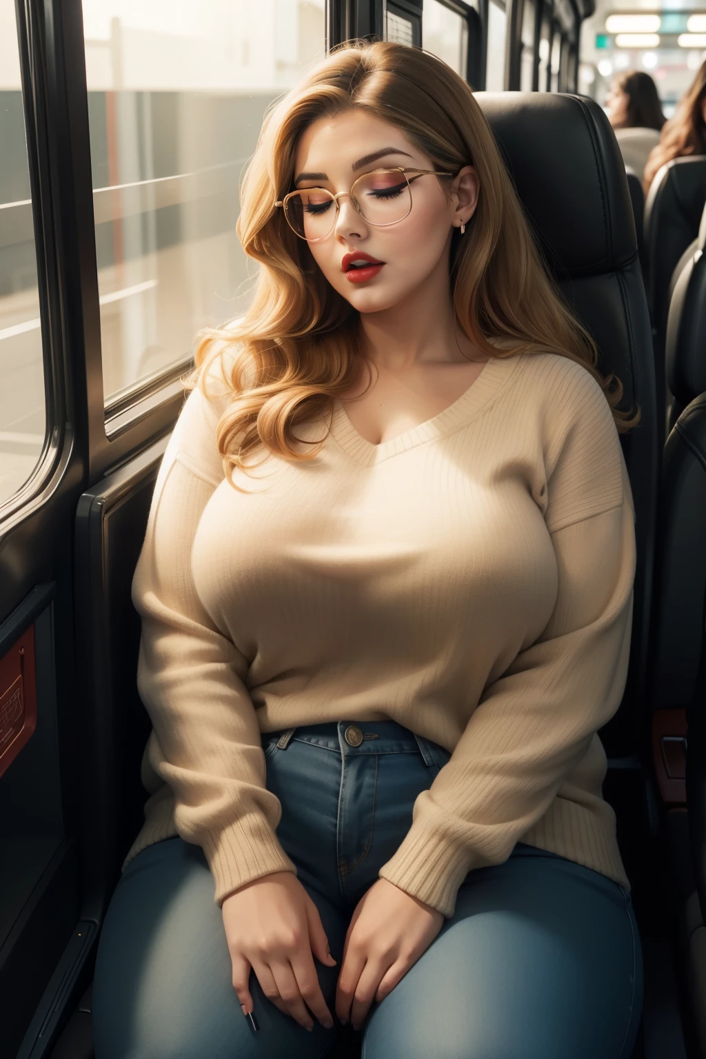 1 beautiful woman, large body, blonde hair, curly hair, eyelids made up, black T-shirt, glasses, blue jeans, neckline, black leather jacket, boots, sleeping sitting on the bus, mouth open, eyes closed.
