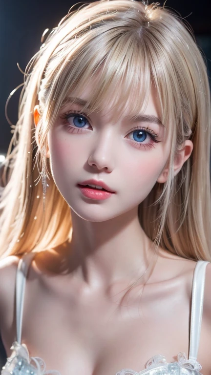 Photorealism、Highest quality、Ultra-high resolution、photograph、Photograph of a beautiful girl born in Northern Europe、Extraordinary beautiful girl、Highlights of cheek luster、Beautiful face with cute details、(PurerosFace_v1:0.008)、beautiful bangs、Glowing White Skin、Bangs between the eyes、Shining beautiful hair、Silky Hair、High resolution eyes、beautiful, Bright and clear, Big eyes sparkle charmingly、eyeliner、double eyelid、Straight light blonde hair、Just like the whole body、disappointment、blush、Embarrassing、glare、 Shiny little necklace and earrings, Glossy Lips: 1.4, Humiliated、impatience、disappointment、was scary、glare、Exposed large cleavage、(There's a lot of sperm in my chest:1.4)(Thighs full of sperm:1.2)、blush、Tears are embarrassing、Thin white underwear、Light white bra、She spreads her legs to reveal her thin white lace panties、Talking openly about masturbation、Disheveled clothes、dressing、stockings、Exposed panties、Sweat、Soaking wet、See-through underwear、A clean-cut woman,16 years old, (Maid clothes: 1.5),Veil、Wavy Hair, diagonal bangs, Medium Long Hair, Beautiful blue eyes, Big Breasts、 late at night in the bedroom, On the bed、