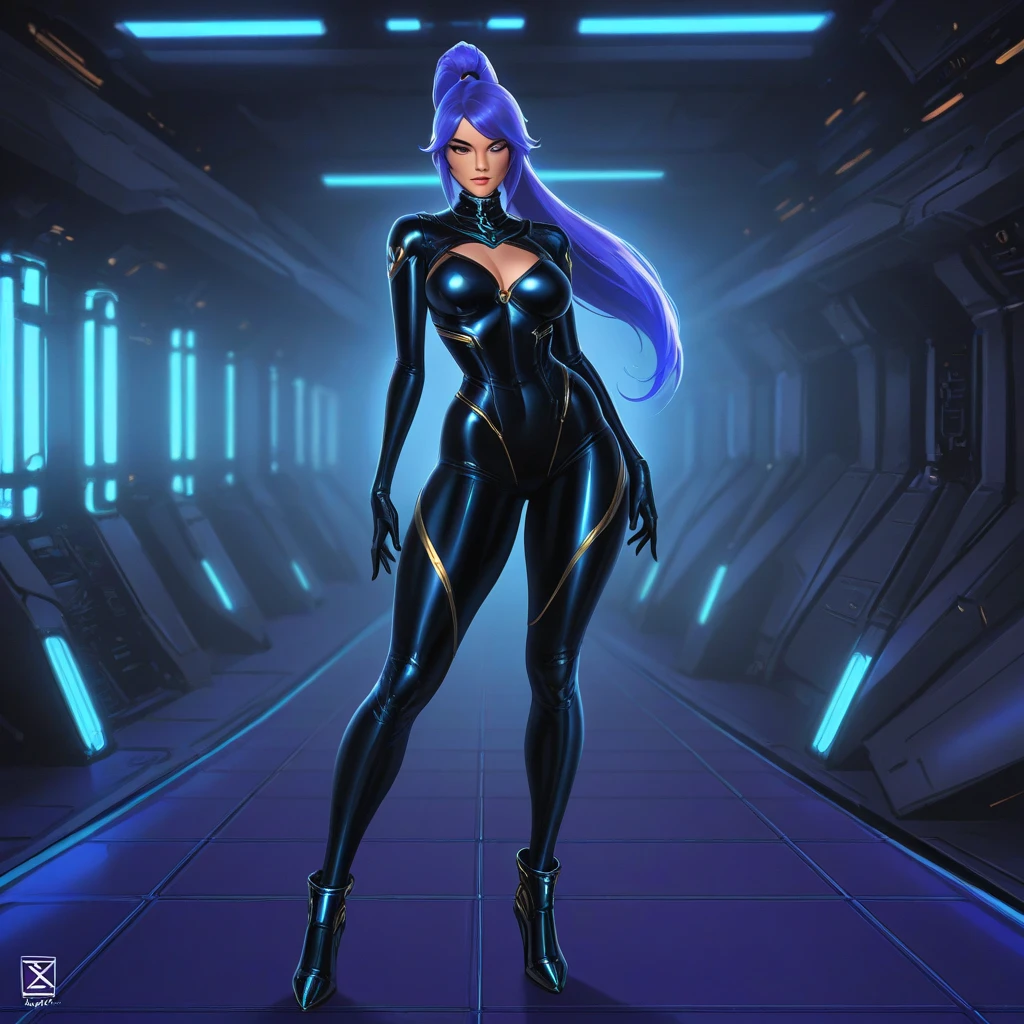Sexy European woman, futuristic suit with pockets and shoulder straps, small LED lights attached to the suit, alien ship cockpit, windows with space and star views, artwork, high resolution, shot on DSLR, detailed face, sexy hips, amazing body, amazing legs, cinematography, maximum detail, neutral colors, HDR, pastel colors, soft cinematic light, crazy details, intricate details, hyper details, beauty, shot with Hasselblad, sharp focus, degrees of freedom, (edge lighting) , All body, skin pores, long black flowing hair,